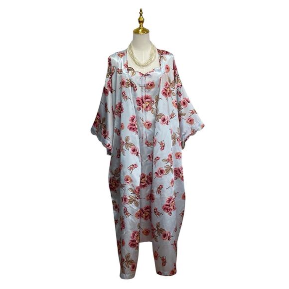 Serenada 2 Pc Blue Floral Satin Nightgown & Robe Sleepwear Set size 2X 22/24 - Picture 7 of 15